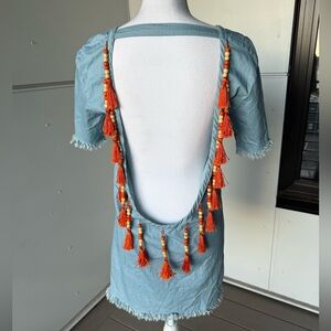 Open Back Blue Dress with Orange Tassels